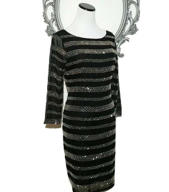 Romeo & Juliet Couture Black Beaded Stripe Sheer Sleeve Bodycon Dress Size M - Picture 5 of 5